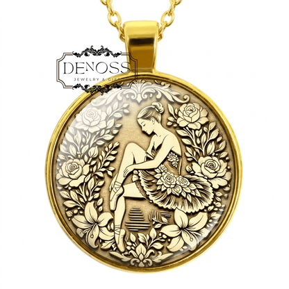 Ballerina Medallion Necklace,Engraved Floral Ballet Pendant