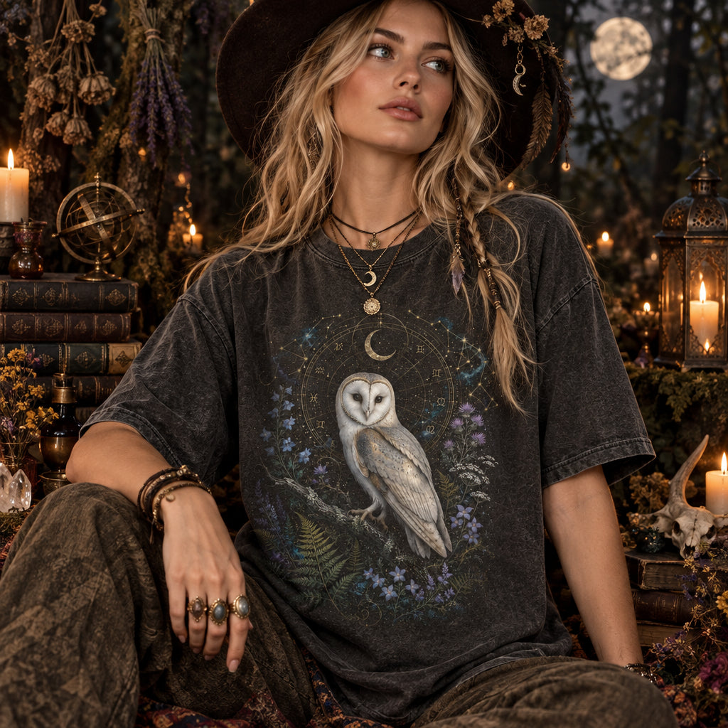 Barn Owl Shirt, Celestial Owl Tee, Witchy Botanical Astrology T-Shirt, Dark Academia Gift, Retro Magical Forest TShirt, Mystical Boho Shirt