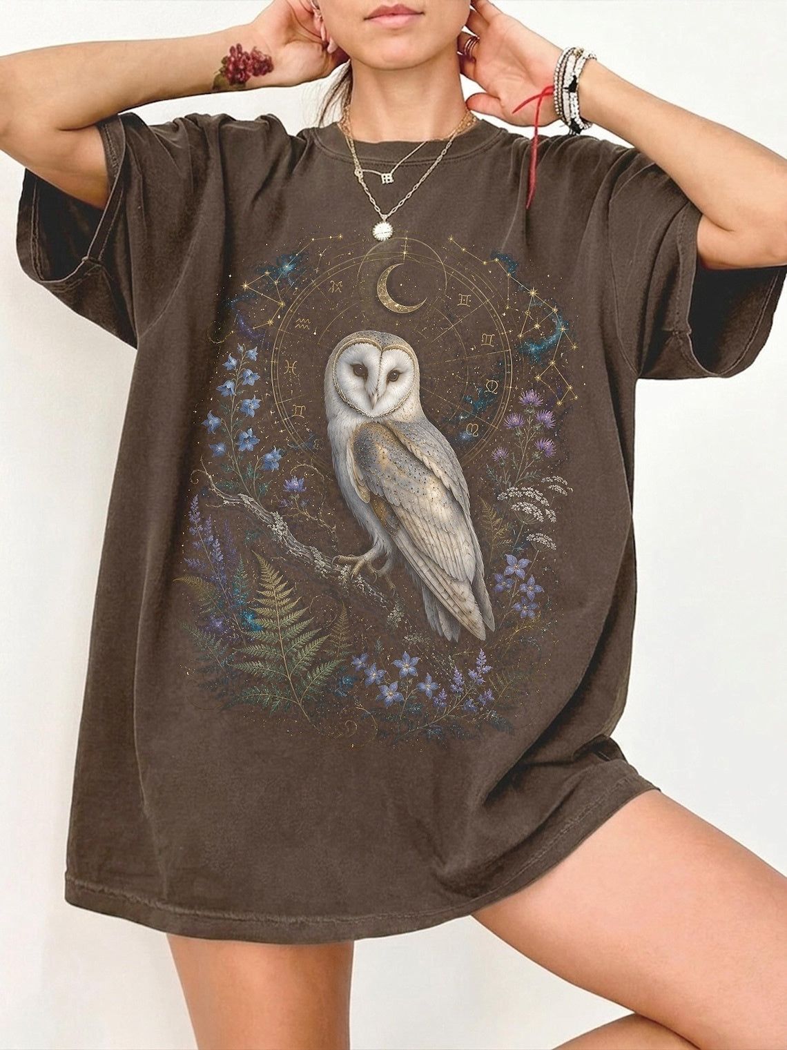 Barn Owl Shirt, Celestial Owl Tee, Witchy Botanical Astrology T-Shirt, Dark Academia Gift, Retro Magical Forest TShirt, Mystical Boho Shirt