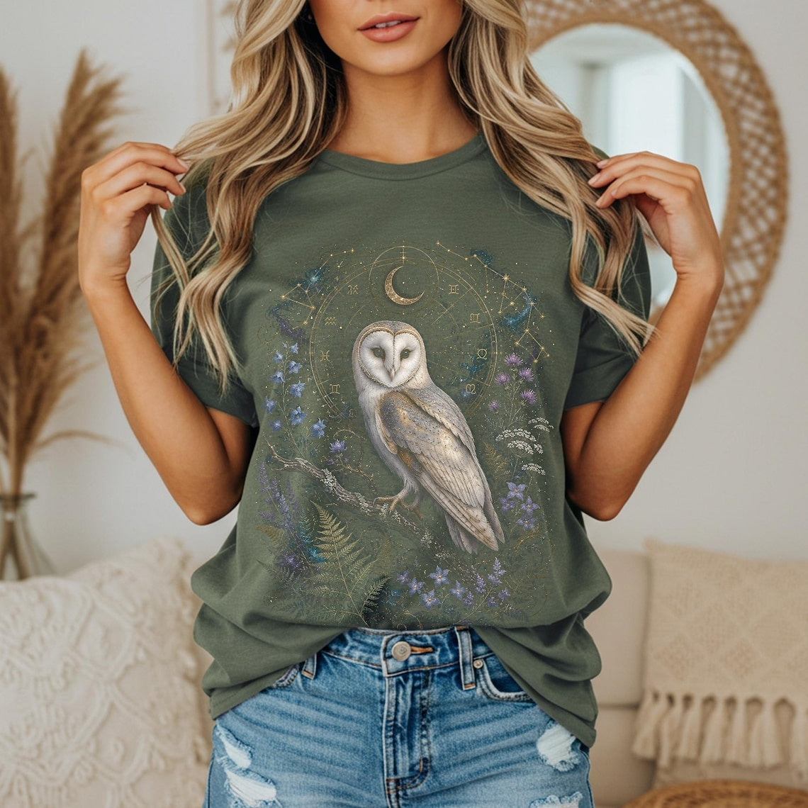 Barn Owl Shirt, Celestial Owl Tee, Witchy Botanical Astrology T-Shirt, Dark Academia Gift, Retro Magical Forest TShirt, Mystical Boho Shirt