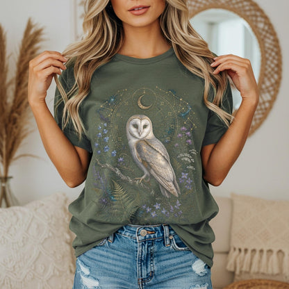 Barn Owl Shirt, Celestial Owl Tee, Witchy Botanical Astrology T-Shirt, Dark Academia Gift, Retro Magical Forest TShirt, Mystical Boho Shirt
