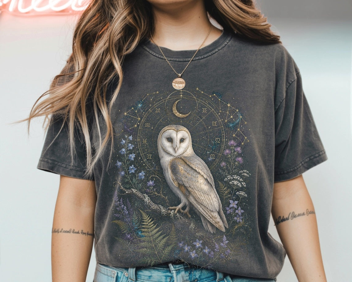 Barn Owl Shirt, Celestial Owl Tee, Witchy Botanical Astrology T-Shirt, Dark Academia Gift, Retro Magical Forest TShirt, Mystical Boho Shirt