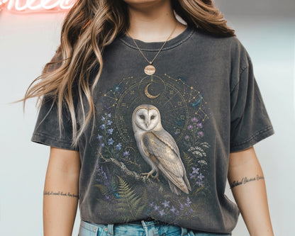 Barn Owl Shirt, Celestial Owl Tee, Witchy Botanical Astrology T-Shirt, Dark Academia Gift, Retro Magical Forest TShirt, Mystical Boho Shirt