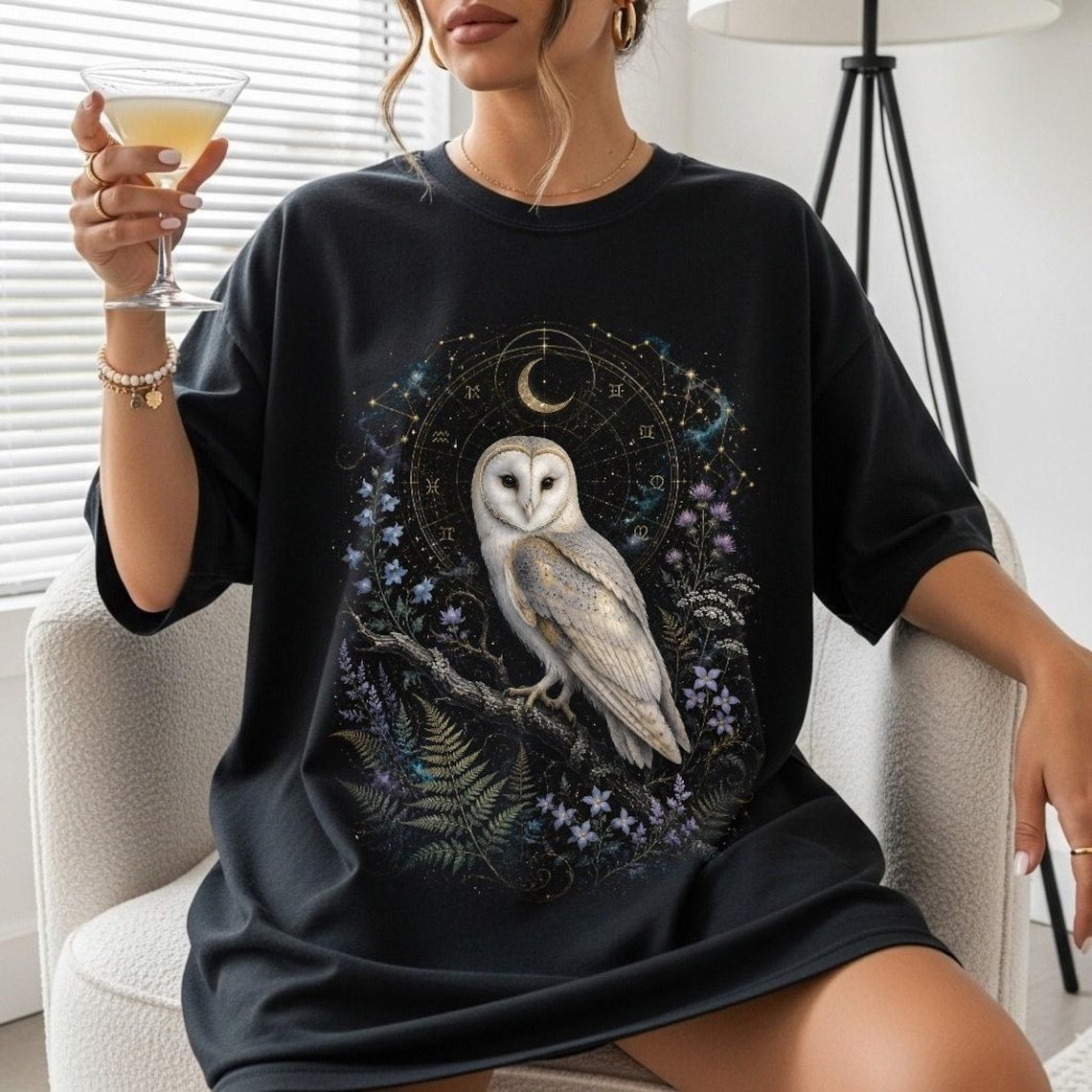 Barn Owl Shirt, Celestial Owl Tee, Witchy Botanical Astrology T-Shirt, Dark Academia Gift, Retro Magical Forest TShirt, Mystical Boho Shirt