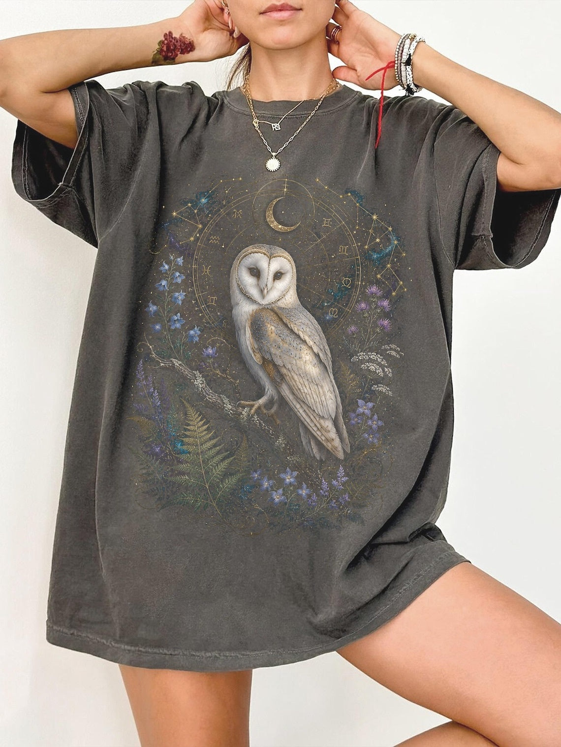 Barn Owl Shirt, Celestial Owl Tee, Witchy Botanical Astrology T-Shirt, Dark Academia Gift, Retro Magical Forest TShirt, Mystical Boho Shirt