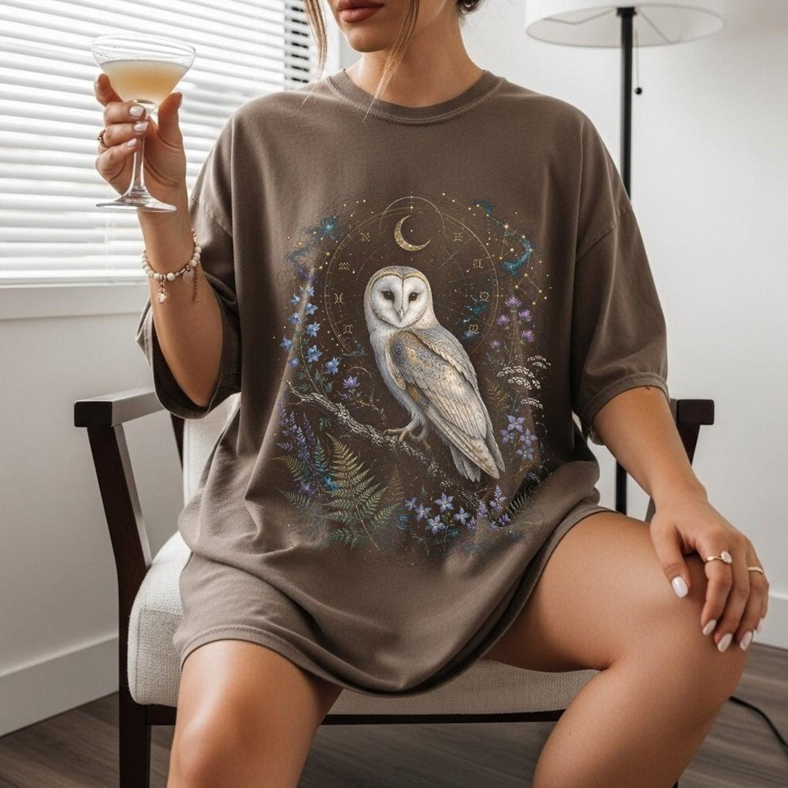 Barn Owl Shirt, Celestial Owl Tee, Witchy Botanical Astrology T-Shirt, Dark Academia Gift, Retro Magical Forest TShirt, Mystical Boho Shirt