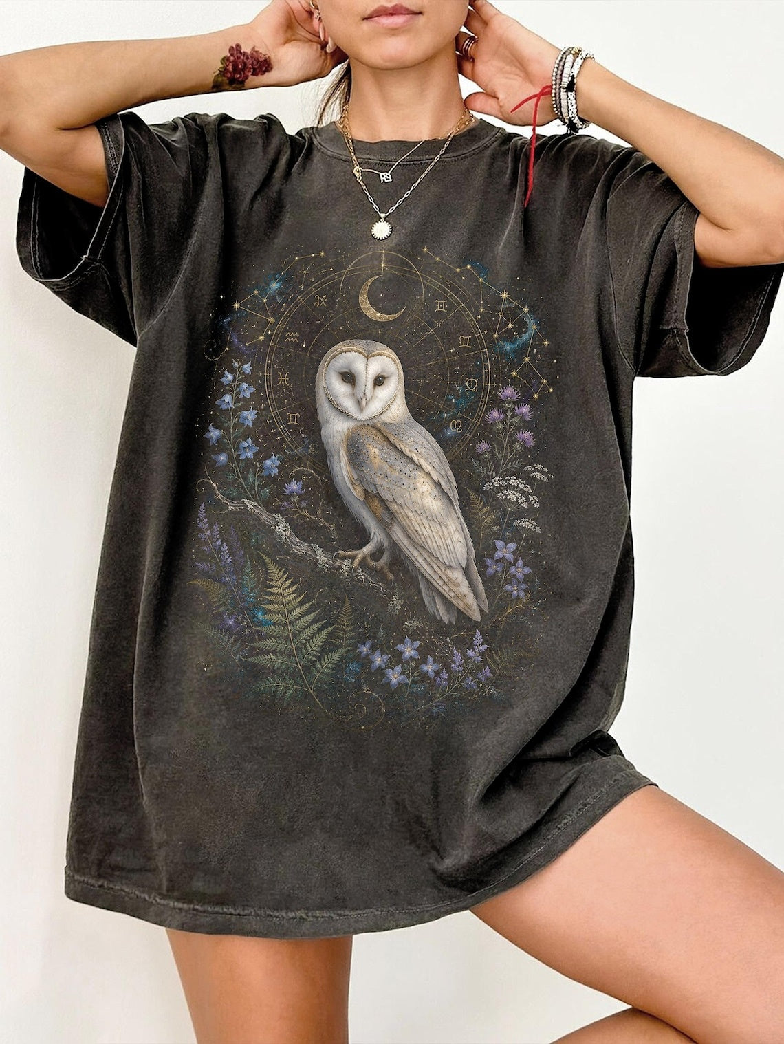 Barn Owl Shirt, Celestial Owl Tee, Witchy Botanical Astrology T-Shirt, Dark Academia Gift, Retro Magical Forest TShirt, Mystical Boho Shirt