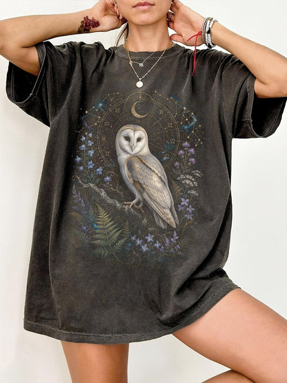 Barn Owl Shirt, Celestial Owl Tee, Witchy Botanical Astrology T-Shirt, Dark Academia Gift, Retro Magical Forest TShirt, Mystical Boho Shirt