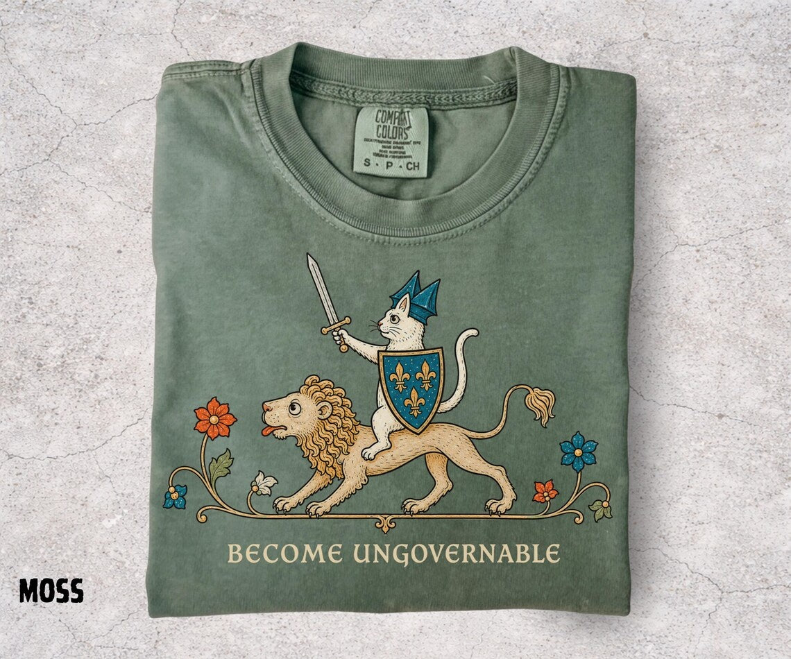 Become Ungovernable Shirt, Medieval Cat Knight Tee, Cat Riding Lion Shirt, Funny Medieval Graphic, Ren Faire Cat Tee, Comfort Colors - Denoss