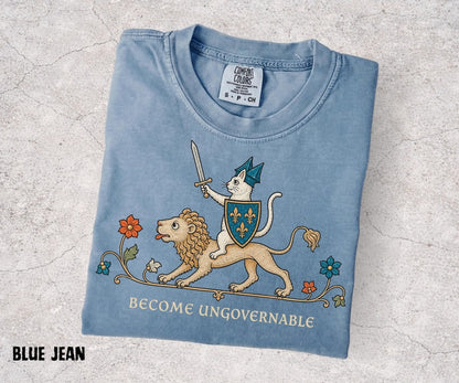 Become Ungovernable Shirt, Medieval Cat Knight Tee, Cat Riding Lion Shirt, Funny Medieval Graphic, Ren Faire Cat Tee, Comfort Colors - Denoss