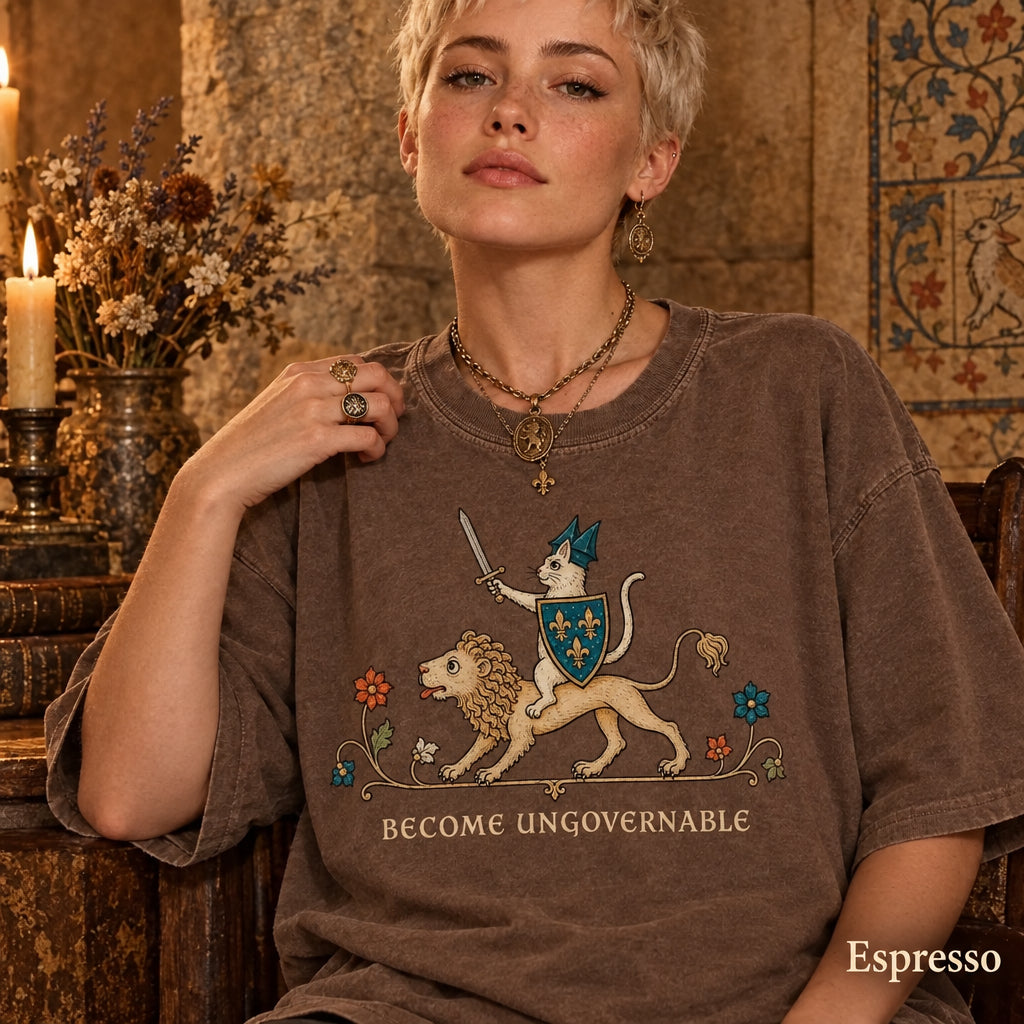 Become Ungovernable Shirt, Medieval Cat Knight Tee, Cat Riding Lion Shirt, Funny Medieval Graphic, Ren Faire Cat Tee, Comfort Colors - Denoss