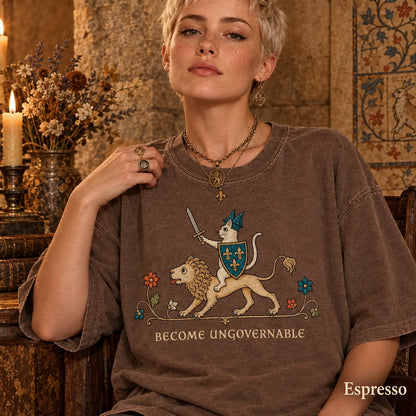 Become Ungovernable Shirt, Medieval Cat Knight Tee, Cat Riding Lion Shirt, Funny Medieval Graphic, Ren Faire Cat Tee, Comfort Colors - Denoss