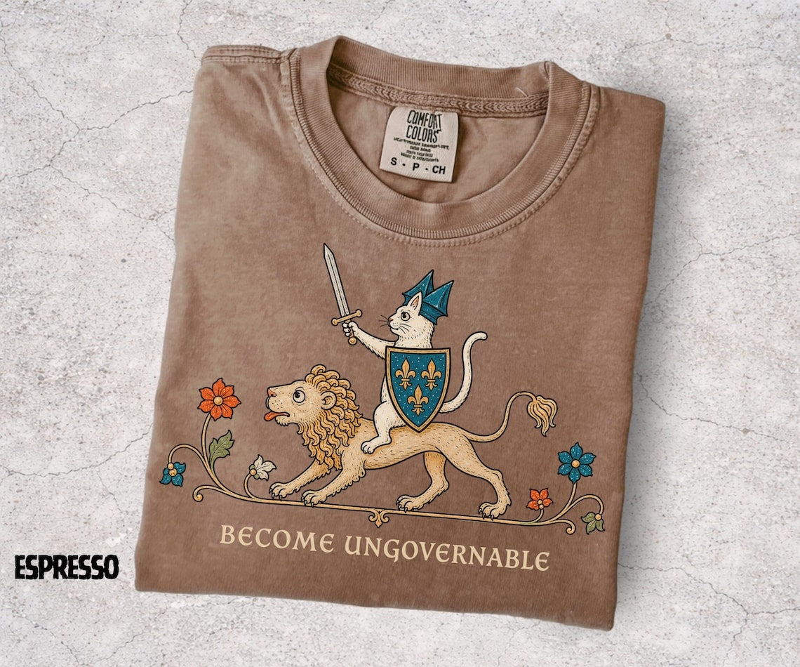 Become Ungovernable Shirt, Medieval Cat Knight Tee, Cat Riding Lion Shirt, Funny Medieval Graphic, Ren Faire Cat Tee, Comfort Colors - Denoss
