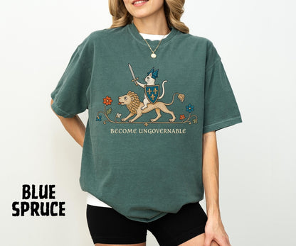 Become Ungovernable Shirt, Medieval Cat Knight Tee, Cat Riding Lion Shirt, Funny Medieval Graphic, Ren Faire Cat Tee, Comfort Colors - Denoss