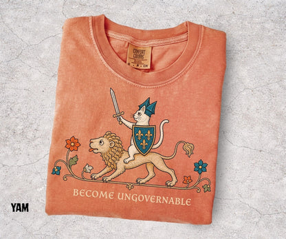 Become Ungovernable Shirt, Medieval Cat Knight Tee, Cat Riding Lion Shirt, Funny Medieval Graphic, Ren Faire Cat Tee, Comfort Colors - Denoss