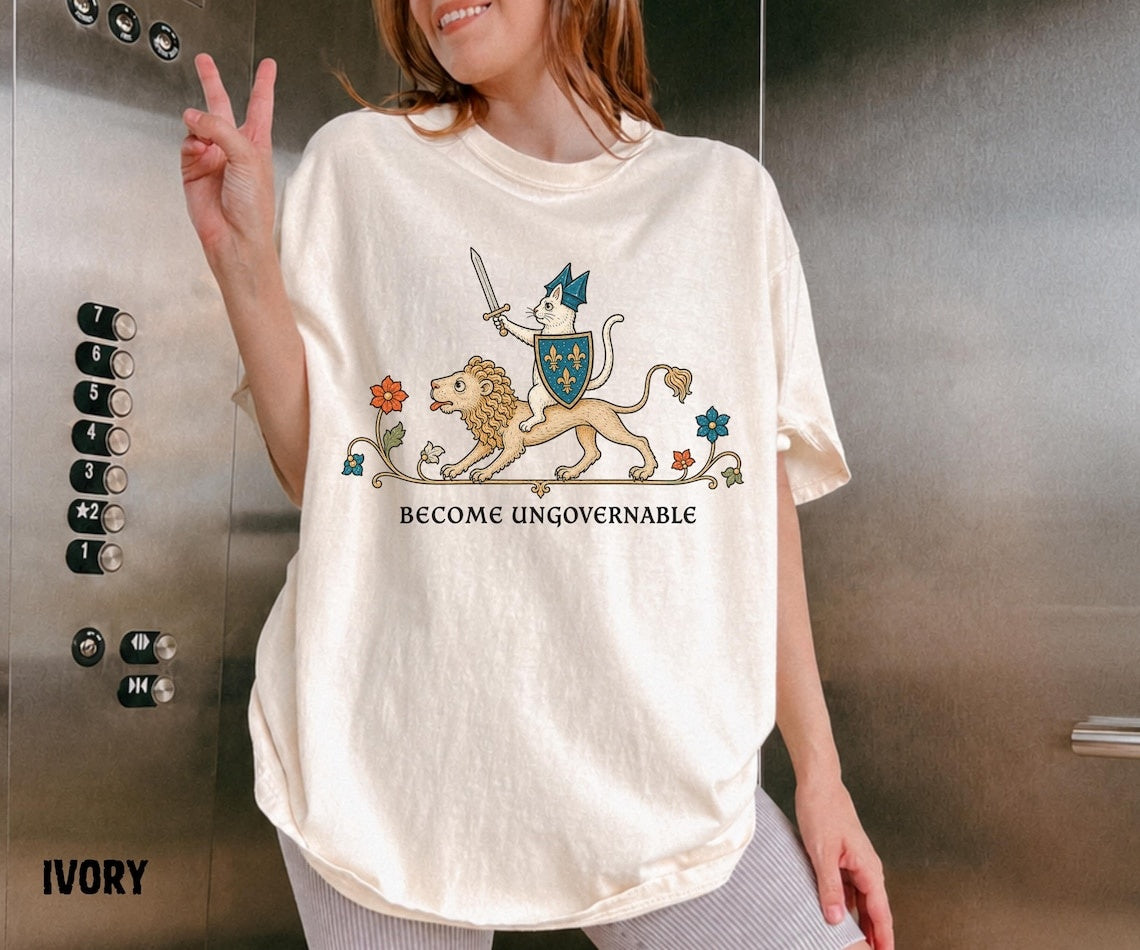 Become Ungovernable Shirt, Medieval Cat Knight Tee, Cat Riding Lion Shirt, Funny Medieval Graphic, Ren Faire Cat Tee, Comfort Colors - Denoss