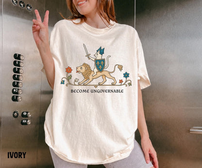 Become Ungovernable Shirt, Medieval Cat Knight Tee, Cat Riding Lion Shirt, Funny Medieval Graphic, Ren Faire Cat Tee, Comfort Colors - Denoss