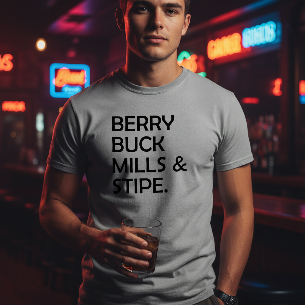Gray t-shirt with black text 'BERRY BUCK MILLS & STIPE' on a white background