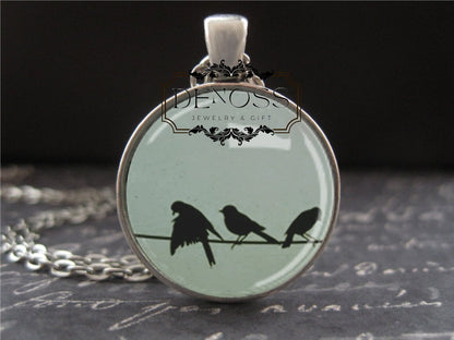 Bird Jewelry,Bridesmaid Gift Silhouettes 3 Birds on a Wire Necklace,Round Domed Glass Pendant