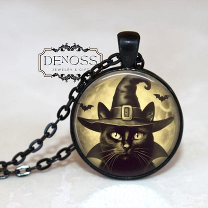 Black Cat Pendant,Black Cat with Witch Hat,Black Cat Necklace,Bats,Vintage Cat,Halloween Pendant,Halloween Necklace