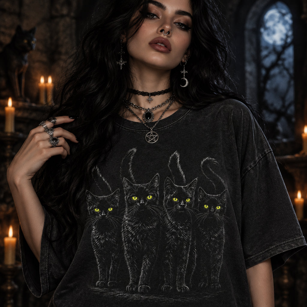 Black Cats T-Shirt – Yellow Eyes Goth Grunge Graphic Tee