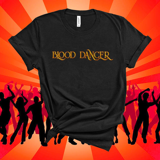 Black t-shirt with 'Blood Dancer' text on an orange background with silhouettes of people dancing.