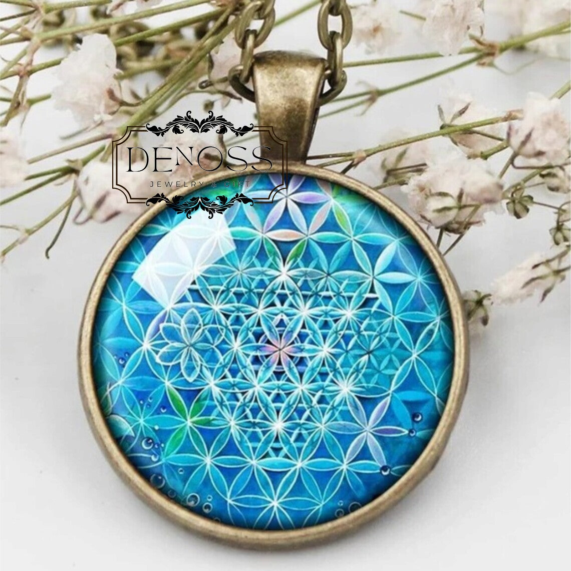 Blue Aqua Flower of Life Pendant Necklace,Sacred Geometry Life,Seed of Life,Spiritual Mandala Yoga Jewelry Gift