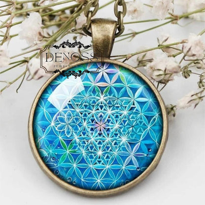 Blue Aqua Flower of Life Pendant Necklace,Sacred Geometry Life,Seed of Life,Spiritual Mandala Yoga Jewelry Gift