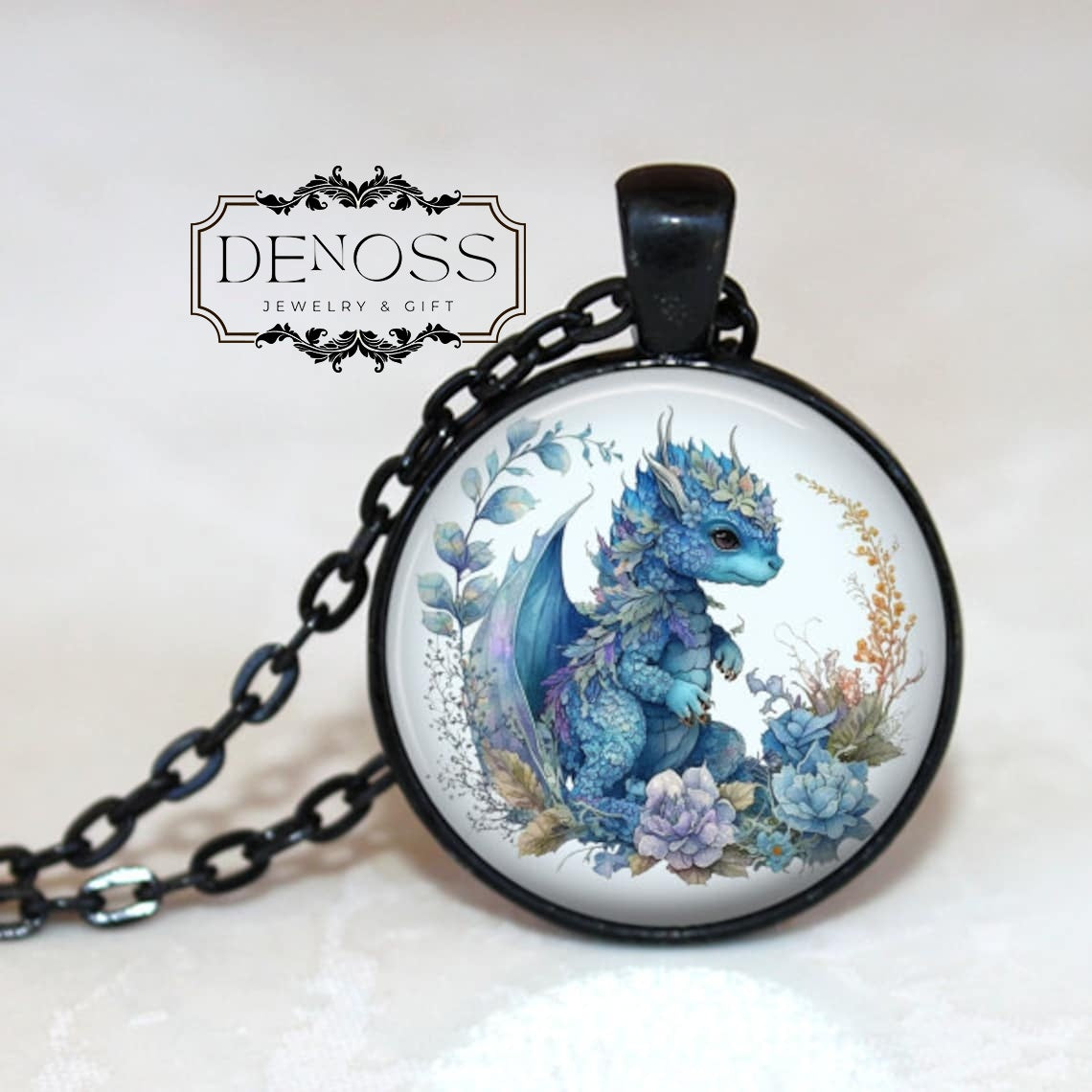 Blue Dragon Necklace,Dragon Pendant,Garden Dragon,Magical,Mystical,Dragon Jewelry,Dragon Lovers,Cute,Floral