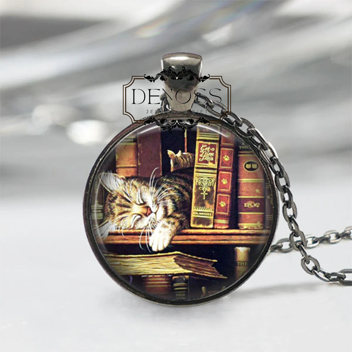 Book Necklace,Library Cat Book Worm Necklace,Book Necklace,Book Lovers Librarian Jewelry,Literary Jewelry Gift For Cat Lovers