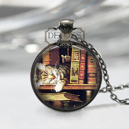 Book Necklace,Library Cat Book Worm Necklace,Book Necklace,Book Lovers Librarian Jewelry,Literary Jewelry Gift For Cat Lovers