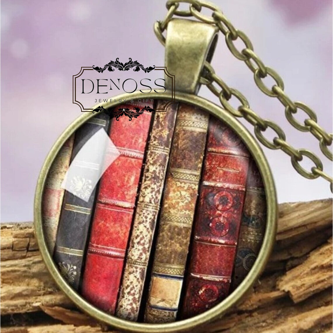 Book Stack Pendant Necklace,Library Photo Jewelry,Book Geek,Stack of Books Jewel,Gift for Teacher,Librarian,Writer,Reader,Bookworms