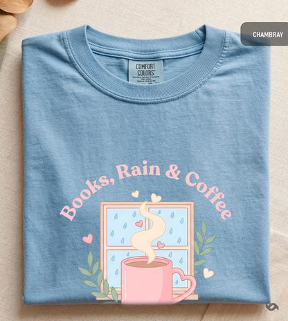 Books Rain And Coffee Shirt, Comfort Colors Cozy Season Tee, Introvert Reader Gift, Rainy Day Bookish