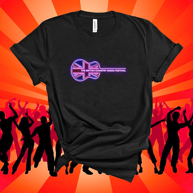 Black t-shirt with British flag design on an orange background with silhouettes of people dancing.