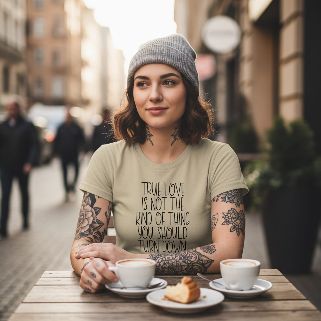 Beige t-shirt with black text on a white background