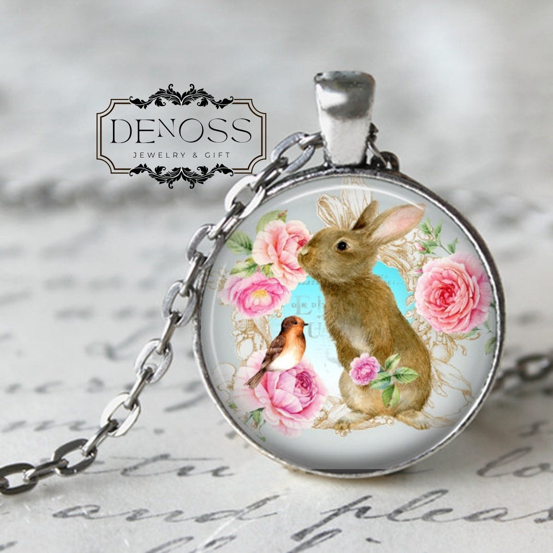 Bunny Necklace,Easter Necklace,Bunny Pendant,Rabbit Necklace,Rabbit and Bird,Spring Flowers,Easter Gift,Roses
