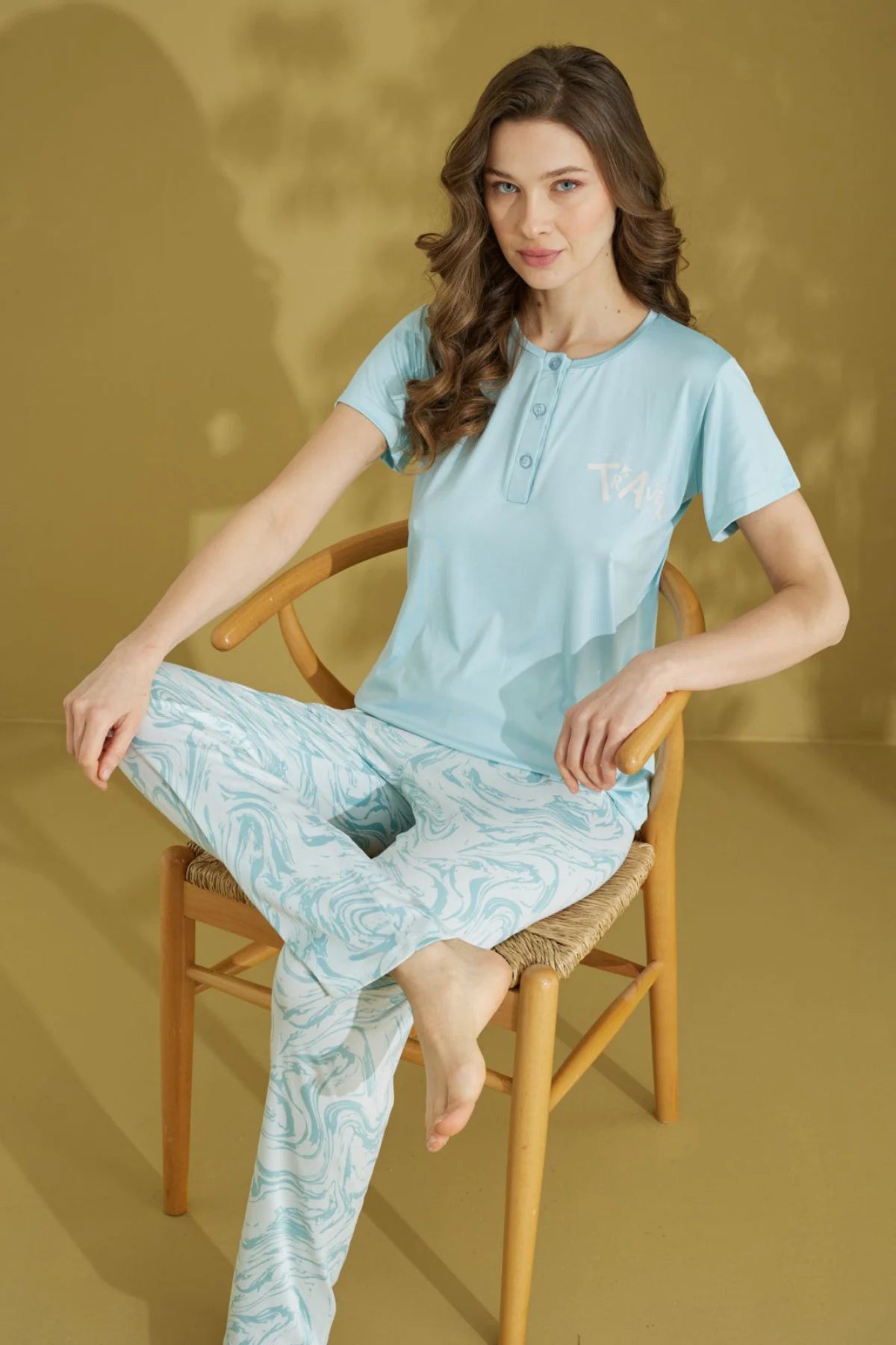 Ice Blue Pajama Set with Buttoned Collar - Denoss