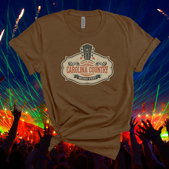 Brown t-shirt with 'Carolina Country Music Fest' logo against a concert background with fireworks and lights.