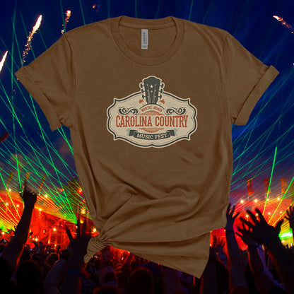 Brown t-shirt with 'Carolina Country Music Fest' logo against a concert background with fireworks and lights.