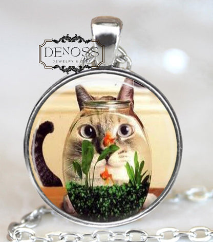 Cat Looking Through Fishbowl Necklace