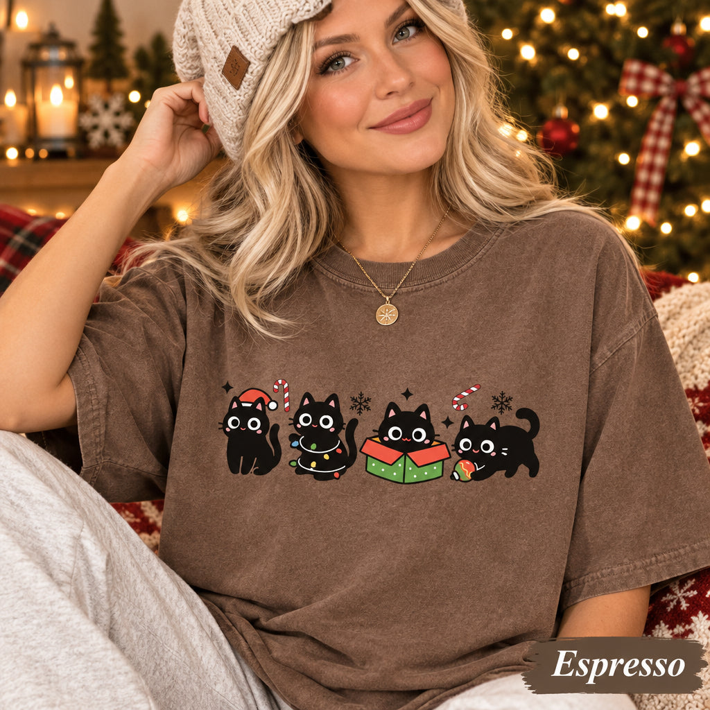 Cat Mom Christmas Shirt, Cute Black Cat Holiday Tee, Kawaii Festive Kitty T-Shirt, Cozy Gift for Cat Lovers
