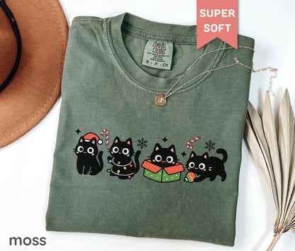 Cat Mom Christmas Shirt, Cute Black Cat Holiday Tee, Kawaii Festive Kitty T-Shirt, Cozy Gift for Cat Lovers