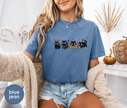Cat Mom Christmas Shirt, Cute Black Cat Holiday Tee, Kawaii Festive Kitty T-Shirt, Cozy Gift for Cat Lovers