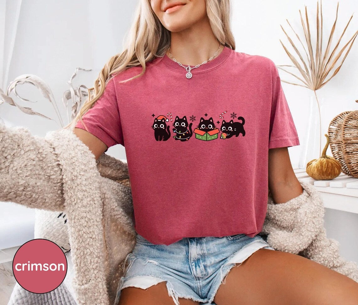 Cat Mom Christmas Shirt, Cute Black Cat Holiday Tee, Kawaii Festive Kitty T-Shirt, Cozy Gift for Cat Lovers