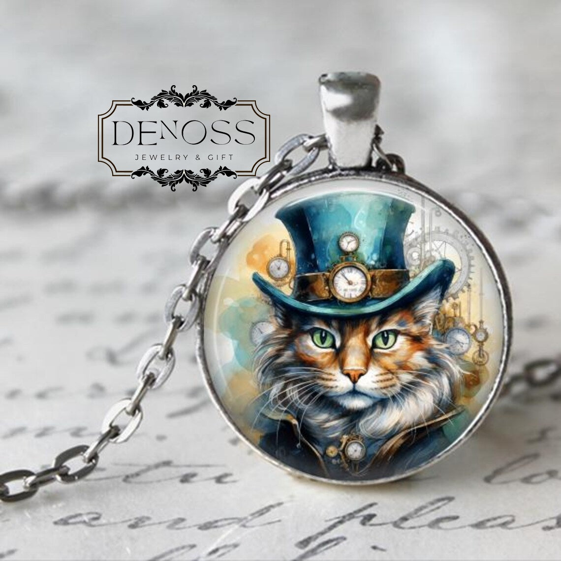 Cat Necklace,Steampunk Cat Pendant,Steampunk Jewelry,Cat wearing a hat,Vintage Look,Cat Jewelry,Steampunk Kitty