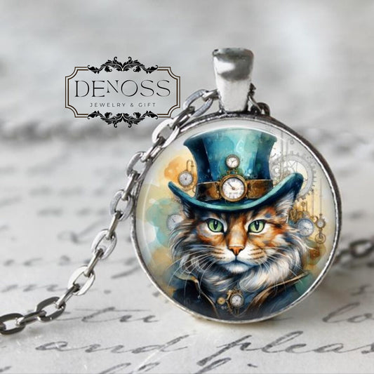 Cat Necklace,Steampunk Cat Pendant,Steampunk Jewelry,Cat wearing a hat,Vintage Look,Cat Jewelry,Steampunk Kitty - Denoss