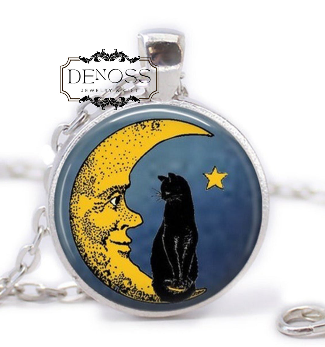 Cat on the Moon Necklace,Vintage Crescent Moon Jewelry