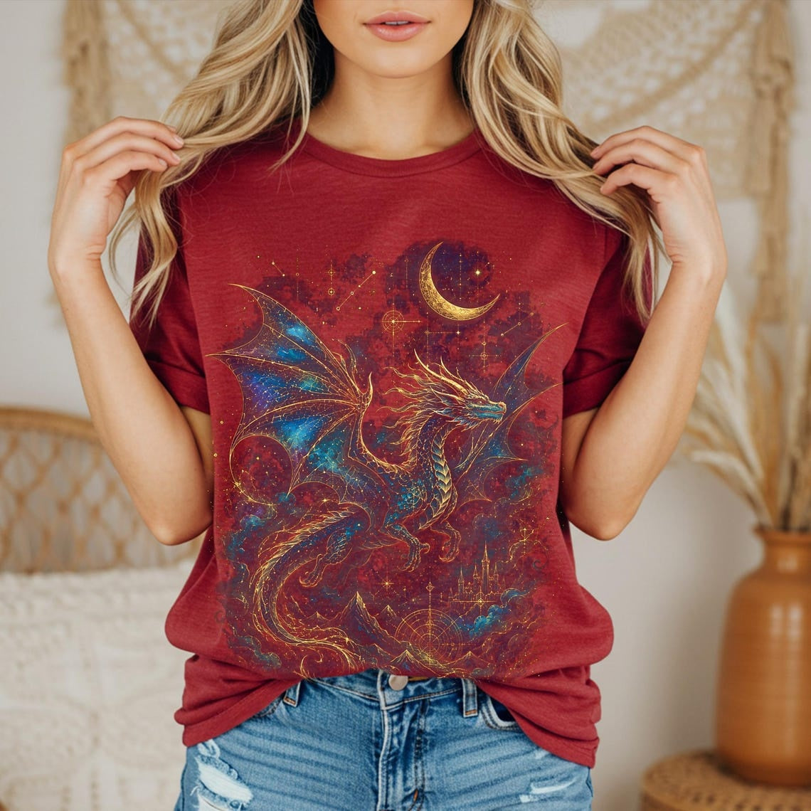 Celestial Dragon Shirt, Gold Fantasy T-Shirt, Mystic Dragon Tee for Witchcore Style, Moon Star Tee, Gothic Clothing, Fantasy Lovers Gift
