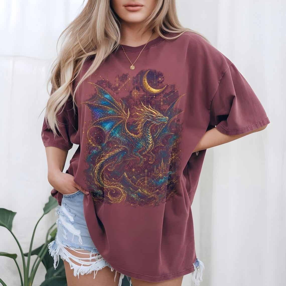 Celestial Dragon Shirt, Gold Fantasy T-Shirt, Mystic Dragon Tee for Witchcore Style, Moon Star Tee, Gothic Clothing, Fantasy Lovers Gift
