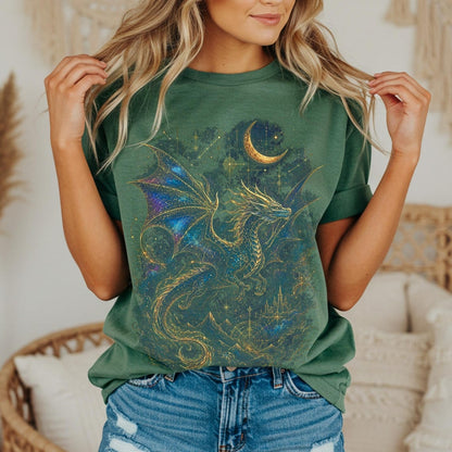 Celestial Dragon Shirt, Gold Fantasy T-Shirt, Mystic Dragon Tee for Witchcore Style, Moon Star Tee, Gothic Clothing, Fantasy Lovers Gift